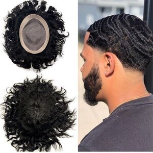 Curly Toupee  Afro Wigs Kinky Curl (#1B Off Black-25MM Wave, 8''X10'')